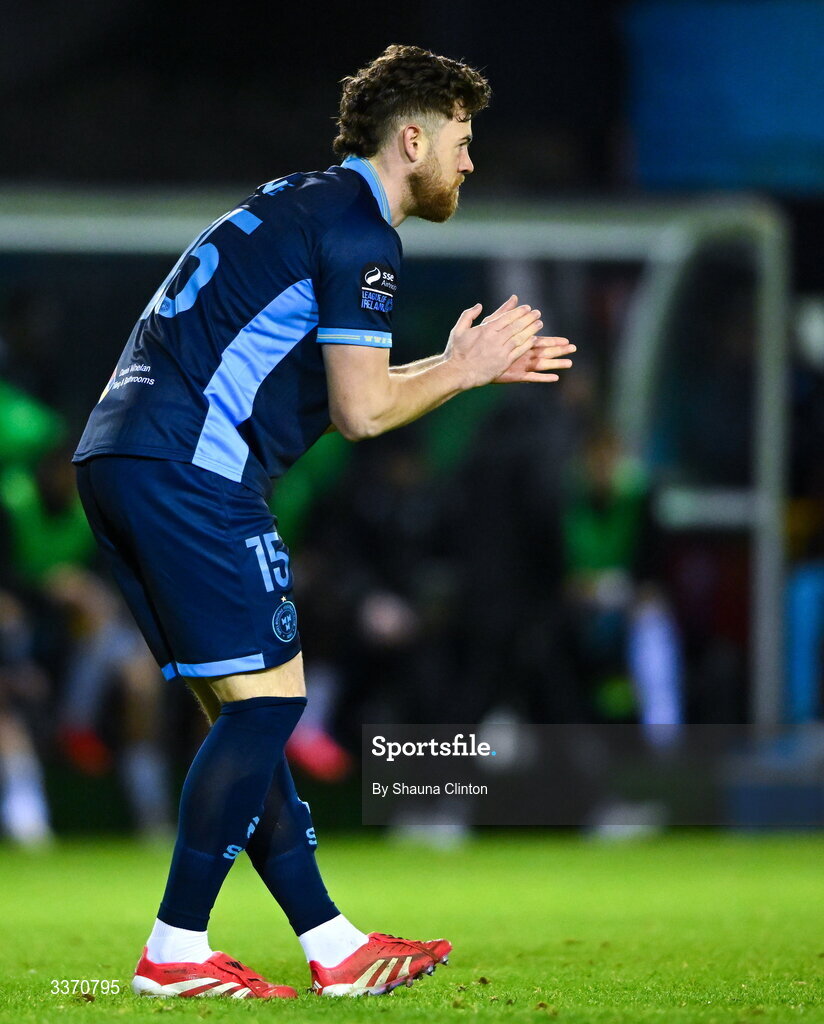 27 February 2026; Sam Bone of Shelbourne celebrates after scoring his side's first goal during the SSE Airtricity Men's Premier Division match between Drogheda United and Shelbourne at Sullivan & Lambe Park in Drogheda, Louth. Photo by Shauna Clinton/Sportsfile