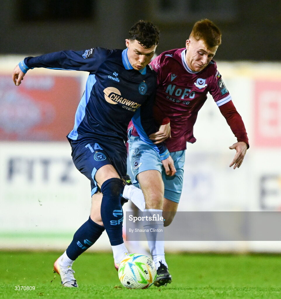 27 February 2026; Ali Coote of Shelbourne in action against Brandon Kavanagh of Drogheda United during the SSE Airtricity Men's Premier Division match between Drogheda United and Shelbourne at Sullivan & Lambe Park in Drogheda, Louth. Photo by Shauna Clinton/Sportsfile