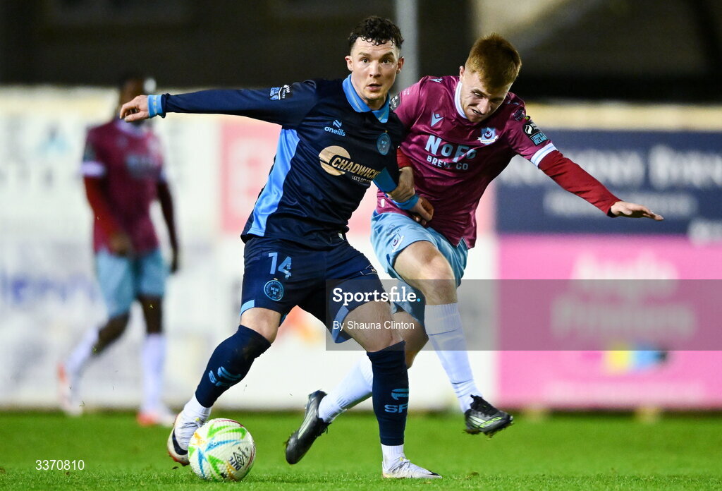 27 February 2026; Ali Coote of Shelbourne in action against Brandon Kavanagh of Drogheda United during the SSE Airtricity Men's Premier Division match between Drogheda United and Shelbourne at Sullivan & Lambe Park in Drogheda, Louth. Photo by Shauna Clinton/Sportsfile