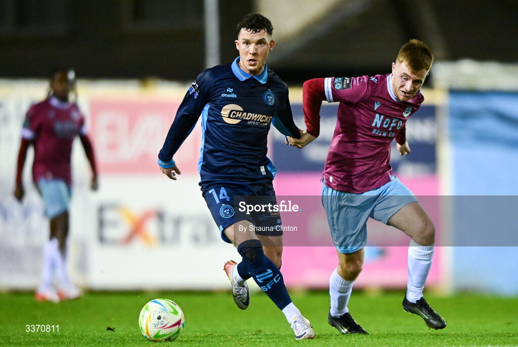 27 February 2026; Ali Coote of Shelbourne in action against Brandon Kavanagh of Drogheda United during the SSE Airtricity Men's Premier Division match between Drogheda United and Shelbourne at Sullivan & Lambe Park in Drogheda, Louth. Photo by Shauna Clinton/Sportsfile
