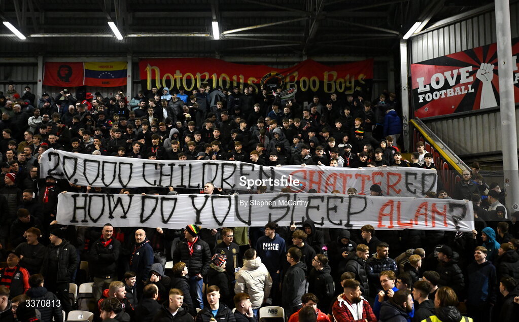 27 February 2026; Bohemians supporters during the SSE Airtricity Men's Premier Division match between Bohemians and Shamrock Rovers at Dalymount Park in Dublin. Photo by Stephen McCarthy/Sportsfile