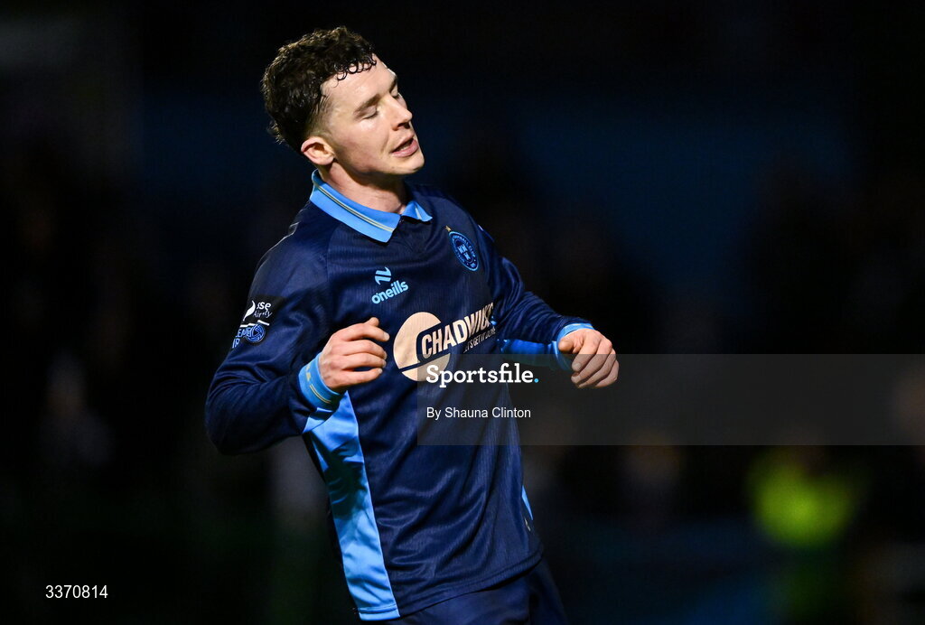 27 February 2026; Ali Coote of Shelbourne reacts to a missed opportunity during the SSE Airtricity Men's Premier Division match between Drogheda United and Shelbourne at Sullivan & Lambe Park in Drogheda, Louth. Photo by Shauna Clinton/Sportsfile