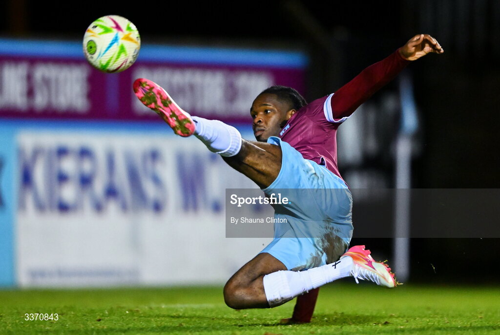 27 February 2026; Thomas Oluwa of Drogheda United during the SSE Airtricity Men's Premier Division match between Drogheda United and Shelbourne at Sullivan & Lambe Park in Drogheda, Louth. Photo by Shauna Clinton/Sportsfile