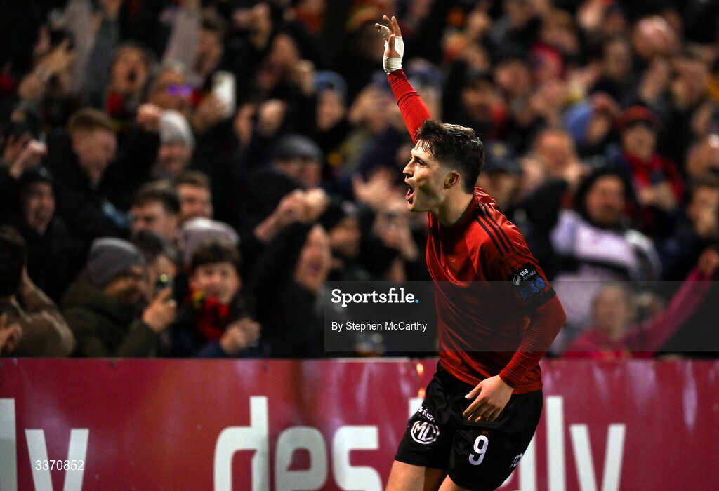 27 February 2026; Colm Whelan of Bohemians celebrates after scoring his side's second goal, a penalty, during the SSE Airtricity Men's Premier Division match between Bohemians and Shamrock Rovers at Dalymount Park in Dublin. Photo by Stephen McCarthy/Sportsfile