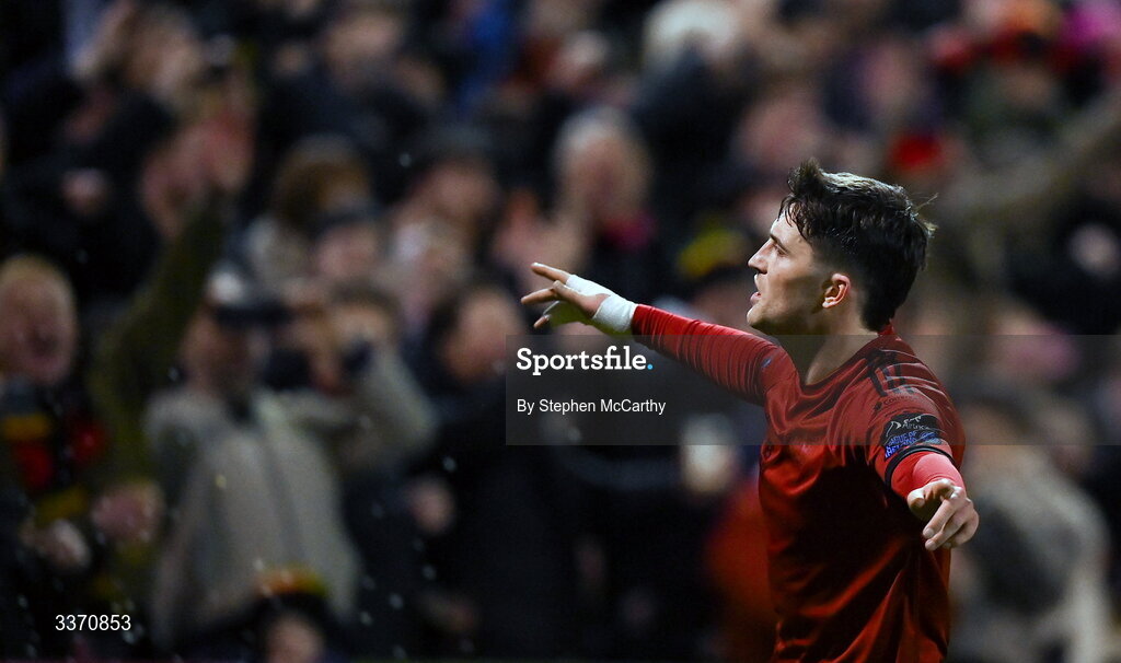 27 February 2026; Colm Whelan of Bohemians celebrates after scoring his side's second goal, a penalty, during the SSE Airtricity Men's Premier Division match between Bohemians and Shamrock Rovers at Dalymount Park in Dublin. Photo by Stephen McCarthy/Sportsfile