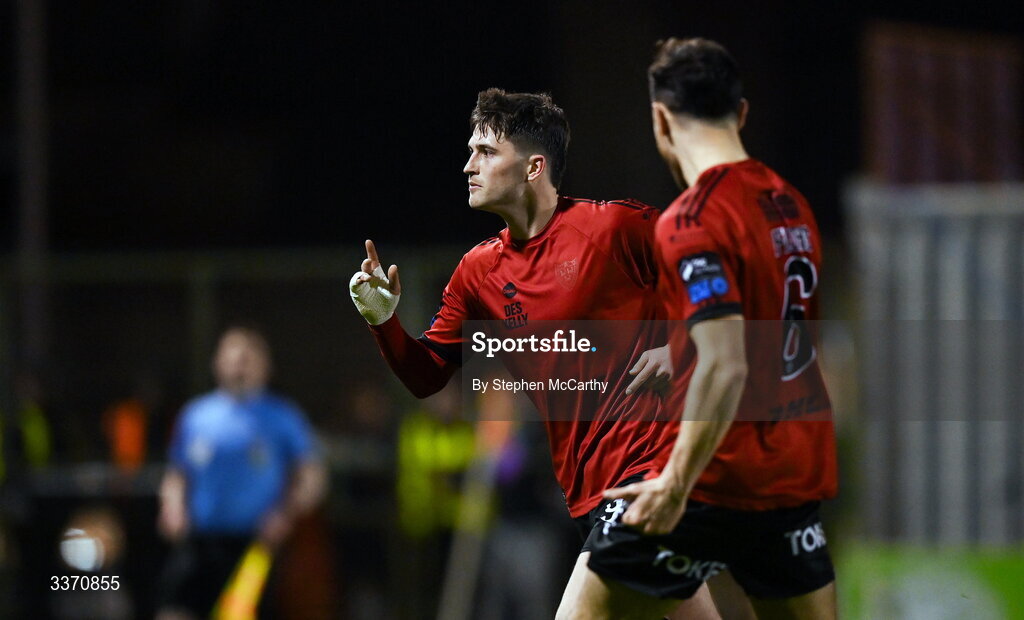 27 February 2026; Colm Whelan of Bohemians celebrates after scoring his side's second goal, a penalty, during the SSE Airtricity Men's Premier Division match between Bohemians and Shamrock Rovers at Dalymount Park in Dublin. Photo by Stephen McCarthy/Sportsfile