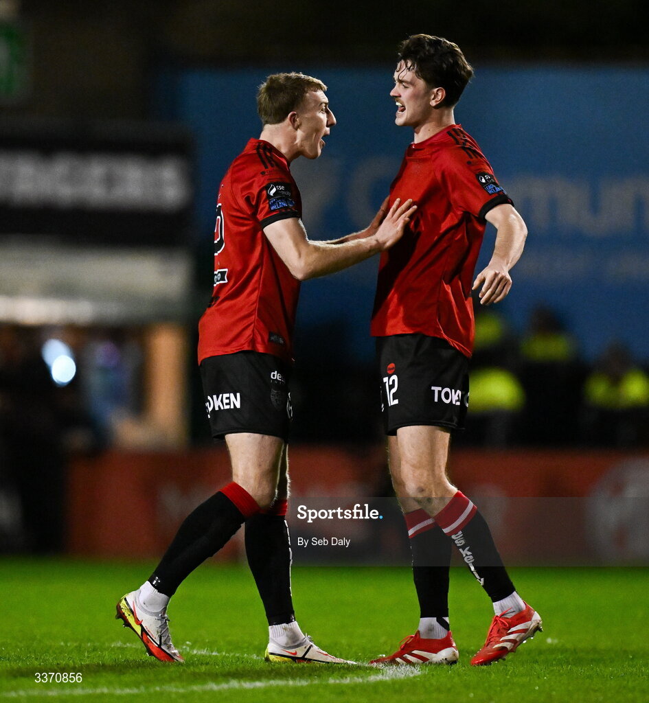 27 February 2026; Sam Todd, left, and Patrick Hickey of Bohemians celebrate their side winning a penalty during the SSE Airtricity Men's Premier Division match between Bohemians and Shamrock Rovers at Dalymount Park in Dublin. Photo by Seb Daly/Sportsfile