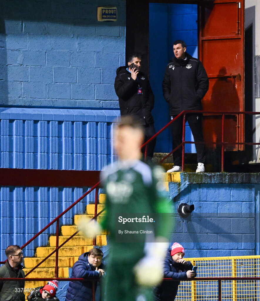 27 February 2026; Drogheda United manager Kevin Doherty looks on from the stairs of the clubhouse after receiving a red card during the SSE Airtricity Men's Premier Division match between Drogheda United and Shelbourne at Sullivan & Lambe Park in Drogheda, Louth. Photo by Shauna Clinton/Sportsfile