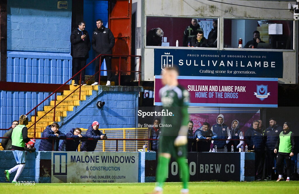 27 February 2026; Drogheda United manager Kevin Doherty looks on from the stairs of the clubhouse after receiving a red card during the SSE Airtricity Men's Premier Division match between Drogheda United and Shelbourne at Sullivan & Lambe Park in Drogheda, Louth. Photo by Shauna Clinton/Sportsfile