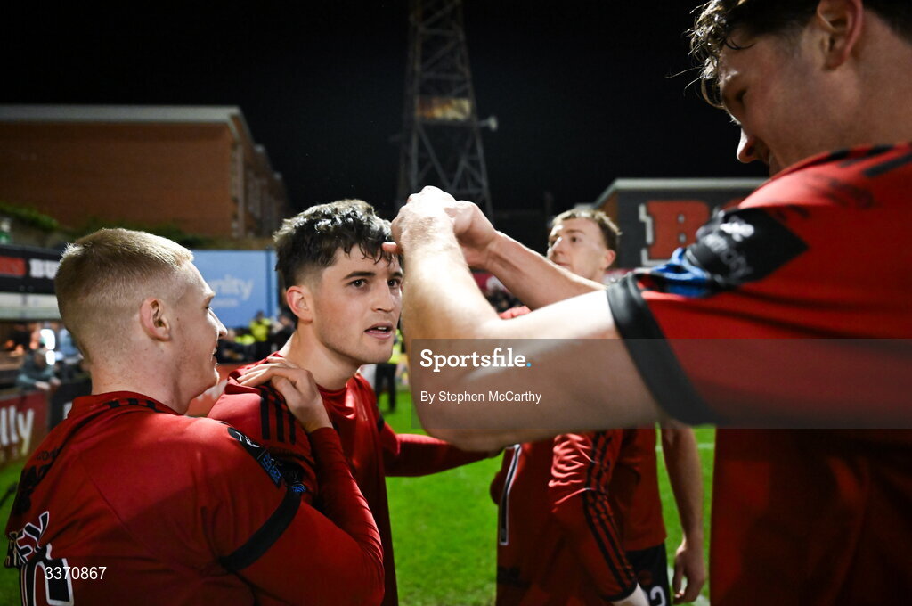 27 February 2026; Colm Whelan of Bohemians, centre, celebrates with teammates Ross Tierney, left, and Patrick Hickey after scoring their side's second goal, a penalty, during the SSE Airtricity Men's Premier Division match between Bohemians and Shamrock Rovers at Dalymount Park in Dublin. Photo by Stephen McCarthy/Sportsfile