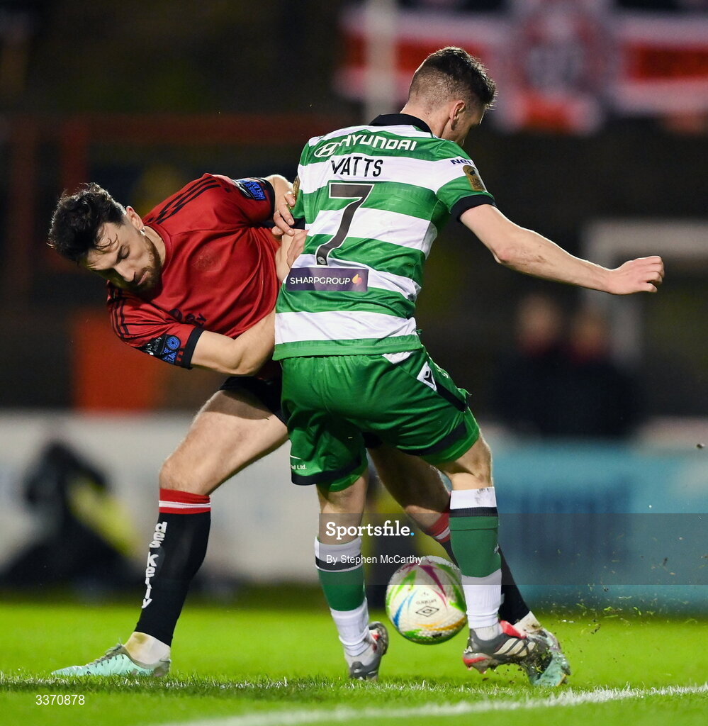 27 February 2026; Jordan Flores of Bohemians in action against Dylan Watts of Shamrock Rovers during the SSE Airtricity Men's Premier Division match between Bohemians and Shamrock Rovers at Dalymount Park in Dublin. Photo by Stephen McCarthy/Sportsfile