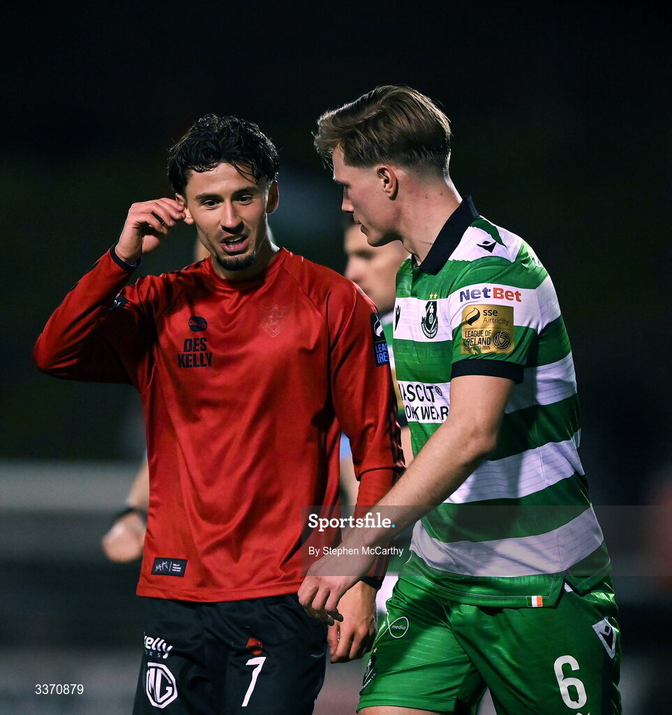 27 February 2026; Connor Parsons of Bohemians and Daniel Cleary of Shamrock Rovers during the SSE Airtricity Men's Premier Division match between Bohemians and Shamrock Rovers at Dalymount Park in Dublin. Photo by Stephen McCarthy/Sportsfile