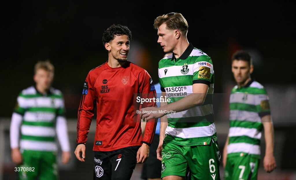 27 February 2026; Connor Parsons of Bohemians and Daniel Cleary of Shamrock Rovers during the SSE Airtricity Men's Premier Division match between Bohemians and Shamrock Rovers at Dalymount Park in Dublin. Photo by Stephen McCarthy/Sportsfile