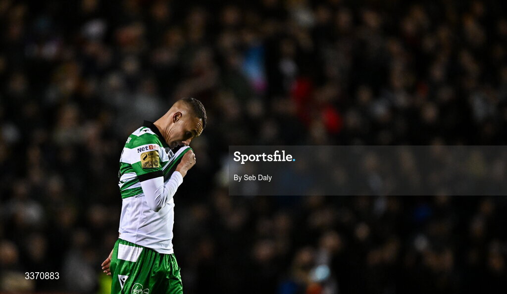 27 February 2026; Graham Burke of Shamrock Rovers reacts after his side concede a second goal during the SSE Airtricity Men's Premier Division match between Bohemians and Shamrock Rovers at Dalymount Park in Dublin. Photo by Seb Daly/Sportsfile