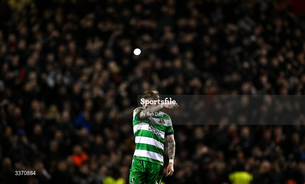 27 February 2026; Danny Grant of Shamrock Rovers reacts after his side concede a second goal during the SSE Airtricity Men's Premier Division match between Bohemians and Shamrock Rovers at Dalymount Park in Dublin. Photo by Seb Daly/Sportsfile