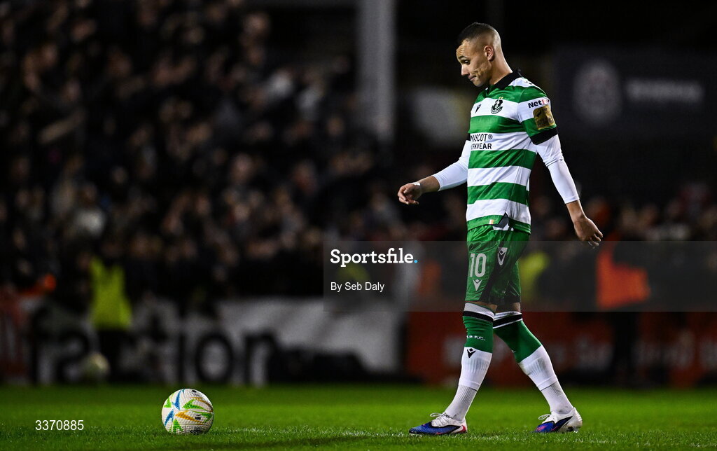 27 February 2026; Graham Burke of Shamrock Rovers reacts after his side concede a second goal during the SSE Airtricity Men's Premier Division match between Bohemians and Shamrock Rovers at Dalymount Park in Dublin. Photo by Seb Daly/Sportsfile