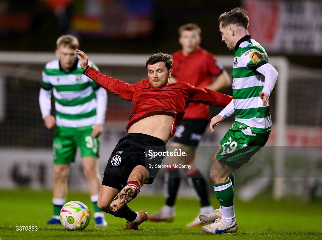 27 February 2026; Adam McDonnell of Bohemians in action against Jack Byrne of Shamrock Rovers during the SSE Airtricity Men's Premier Division match between Bohemians and Shamrock Rovers at Dalymount Park in Dublin. Photo by Stephen McCarthy/Sportsfile