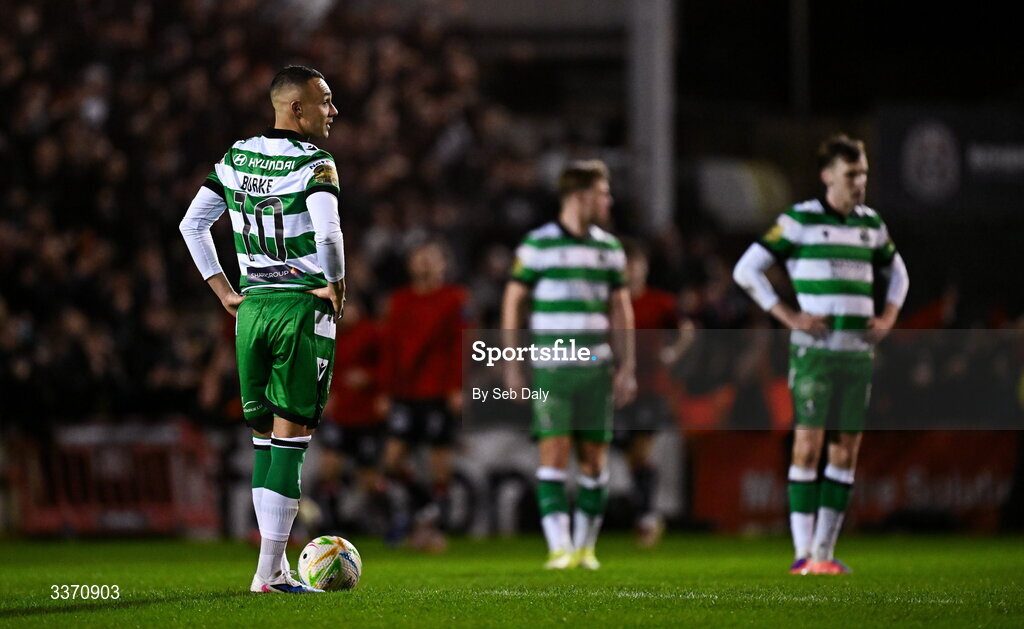 27 February 2026; Graham Burke of Shamrock Rovers and teammates react after their side concede a second goal during the SSE Airtricity Men's Premier Division match between Bohemians and Shamrock Rovers at Dalymount Park in Dublin. Photo by Seb Daly/Sportsfile