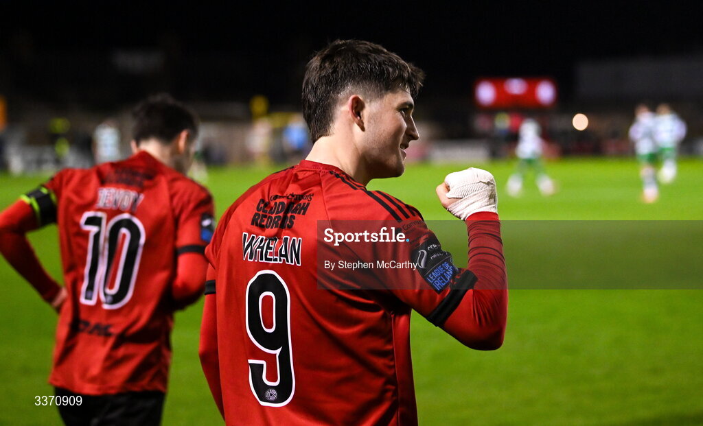 27 February 2026; Colm Whelan of Bohemians celebrates after scoring his side's second goal, a penalty, during the SSE Airtricity Men's Premier Division match between Bohemians and Shamrock Rovers at Dalymount Park in Dublin. Photo by Stephen McCarthy/Sportsfile
