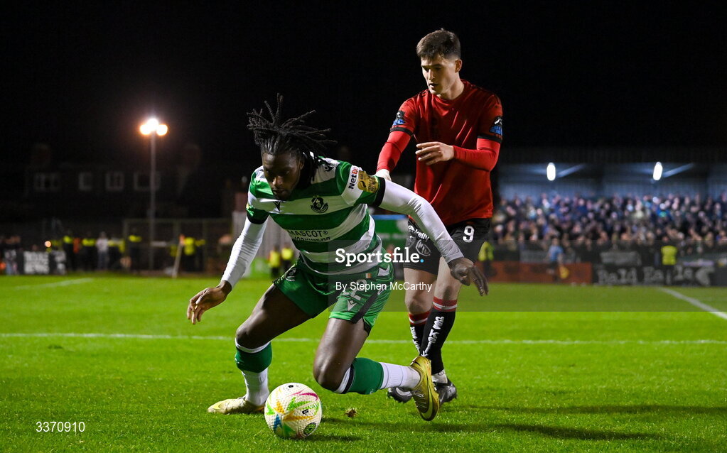 27 February 2026; Tunmise Sobowale of Shamrock Rovers in action against Colm Whelan of Bohemians during the SSE Airtricity Men's Premier Division match between Bohemians and Shamrock Rovers at Dalymount Park in Dublin. Photo by Stephen McCarthy/Sportsfile
