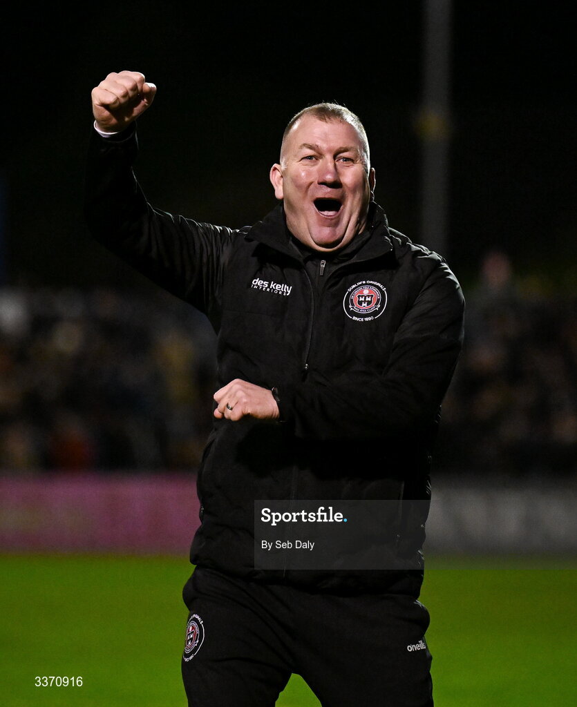 27 February 2026; Bohemians manager Alan Reynolds celebrates after Ross Tierney scores his side's third goal during the SSE Airtricity Men's Premier Division match between Bohemians and Shamrock Rovers at Dalymount Park in Dublin. Photo by Seb Daly/Sportsfile