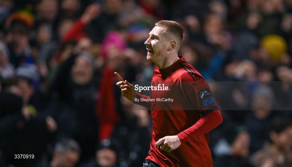 27 February 2026; Ross Tierney of Bohemians celebrates after scoring his side's third goal during the SSE Airtricity Men's Premier Division match between Bohemians and Shamrock Rovers at Dalymount Park in Dublin. Photo by Stephen McCarthy/Sportsfile
