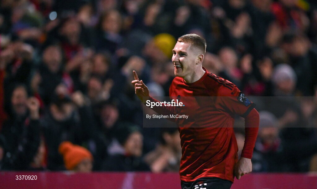 27 February 2026; Ross Tierney of Bohemians celebrates after scoring his side's third goal during the SSE Airtricity Men's Premier Division match between Bohemians and Shamrock Rovers at Dalymount Park in Dublin. Photo by Stephen McCarthy/Sportsfile