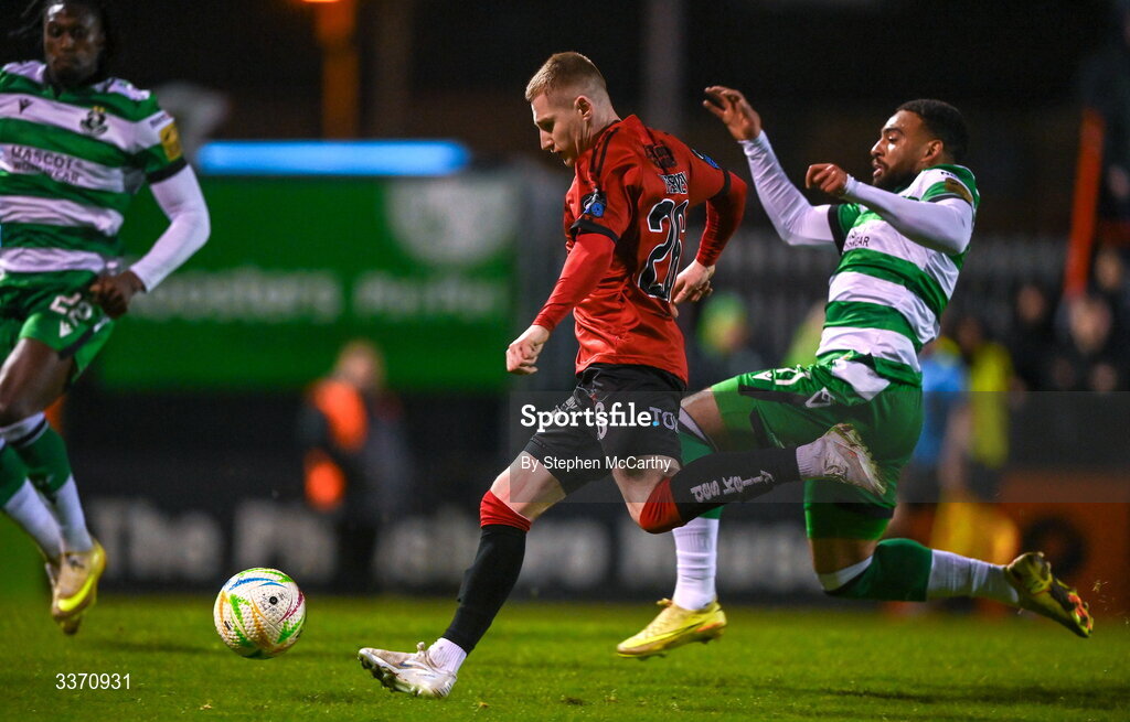 27 February 2026; Ross Tierney of Bohemians shoots to score his side's third goal during the SSE Airtricity Men's Premier Division match between Bohemians and Shamrock Rovers at Dalymount Park in Dublin. Photo by Stephen McCarthy/Sportsfile