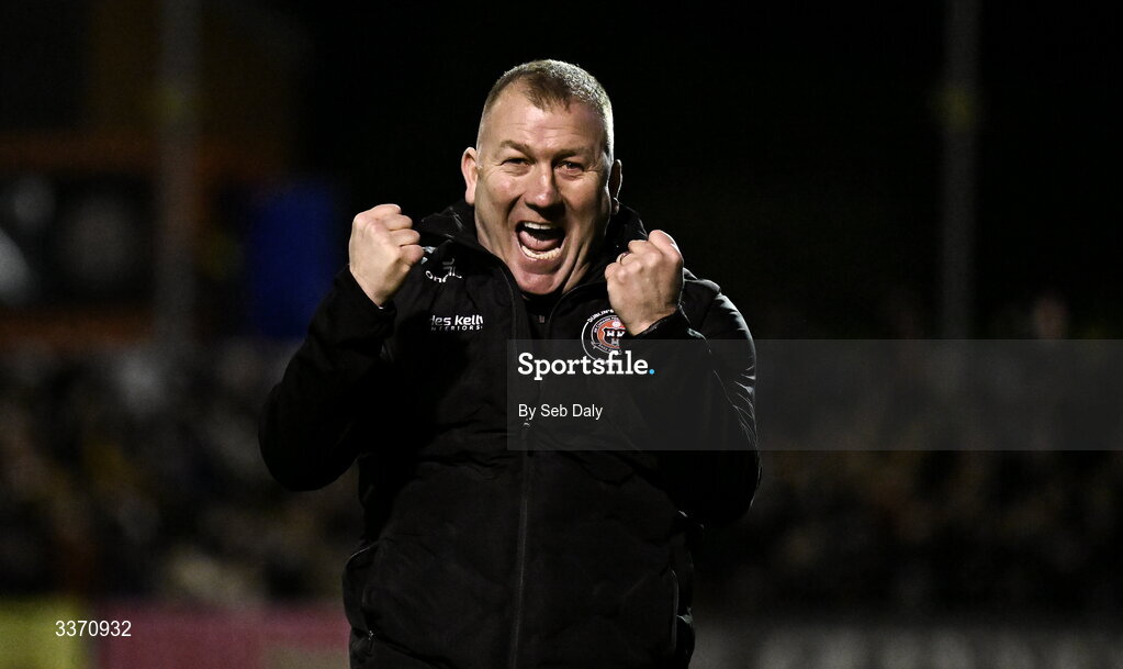 27 February 2026; Bohemians manager Alan Reynolds celebrates as Ross Tierney scores his side's third goal during the SSE Airtricity Men's Premier Division match between Bohemians and Shamrock Rovers at Dalymount Park in Dublin. Photo by Seb Daly/Sportsfile