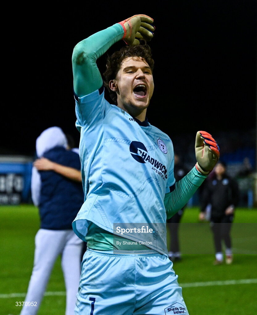27 February 2026; Shelbourne goalkeeper Wessel Speel celebrates after his side's victory in the SSE Airtricity Men's Premier Division match between Drogheda United and Shelbourne at Sullivan & Lambe Park in Drogheda, Louth. Photo by Shauna Clinton/Sportsfile