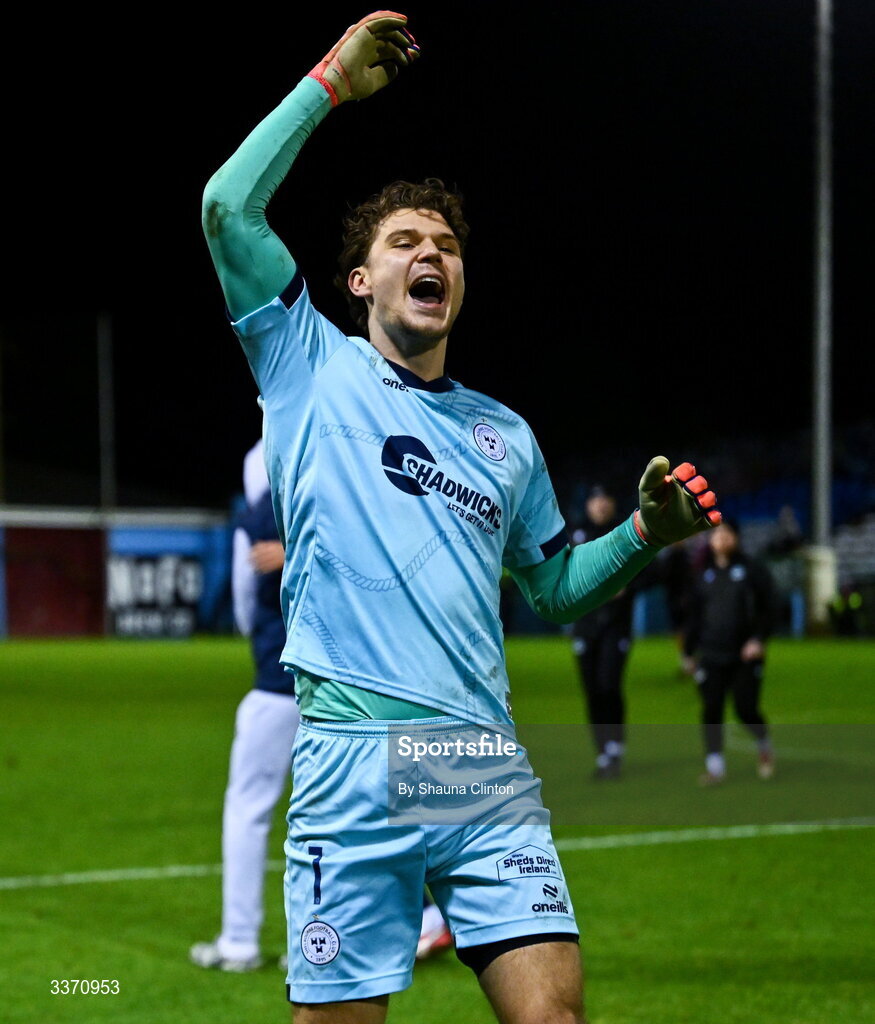 27 February 2026; Shelbourne goalkeeper Wessel Speel celebrates after his side's victory in the SSE Airtricity Men's Premier Division match between Drogheda United and Shelbourne at Sullivan & Lambe Park in Drogheda, Louth. Photo by Shauna Clinton/Sportsfile