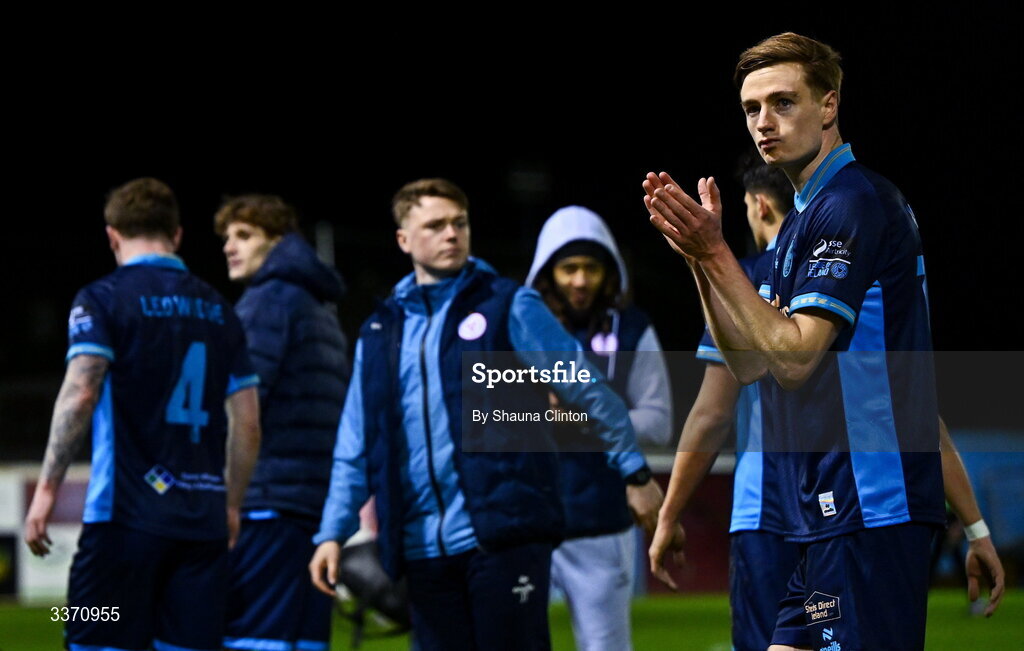 27 February 2026; Daniel Kelly of Shelbourne celebrates after his side's victory in the SSE Airtricity Men's Premier Division match between Drogheda United and Shelbourne at Sullivan & Lambe Park in Drogheda, Louth. Photo by Shauna Clinton/Sportsfile