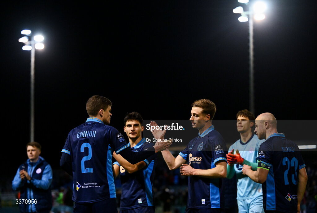 27 February 2026; Daniel Kelly of Shelbourne, right, and Sean Gannon celebrate after their side's victory in the SSE Airtricity Men's Premier Division match between Drogheda United and Shelbourne at Sullivan & Lambe Park in Drogheda, Louth. Photo by Shauna Clinton/Sportsfile