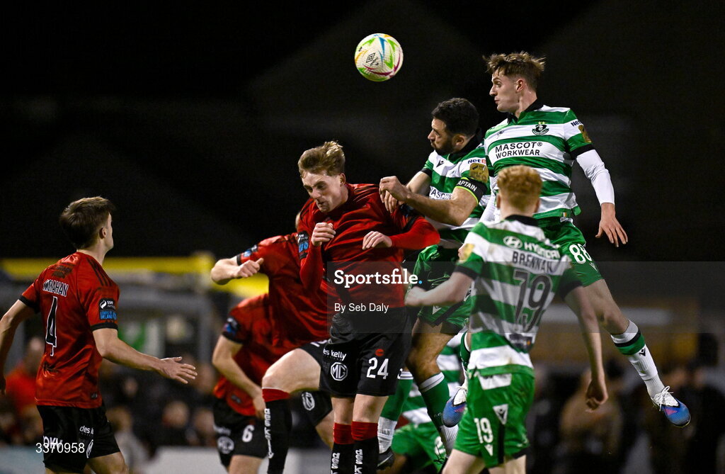 27 February 2026; Roberto Lopes of Shamrock Rovers, second from right, heads to score his side's first goal during the SSE Airtricity Men's Premier Division match between Bohemians and Shamrock Rovers at Dalymount Park in Dublin. Photo by Seb Daly/Sportsfile