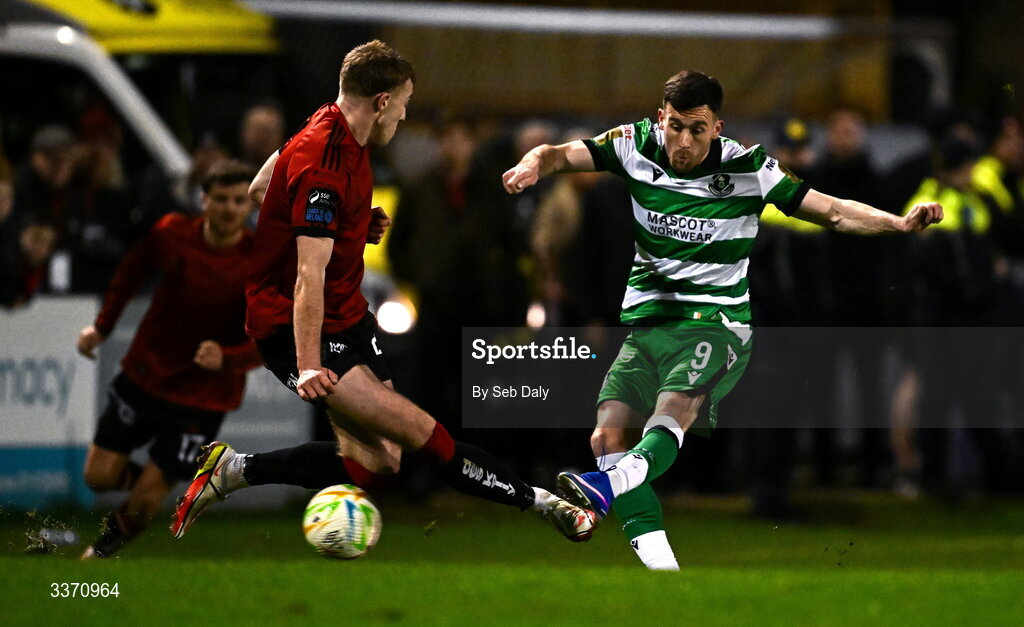27 February 2026; Aaron Greene of Shamrock Rovers shoots to score his side's second goal during the SSE Airtricity Men's Premier Division match between Bohemians and Shamrock Rovers at Dalymount Park in Dublin. Photo by Seb Daly/Sportsfile