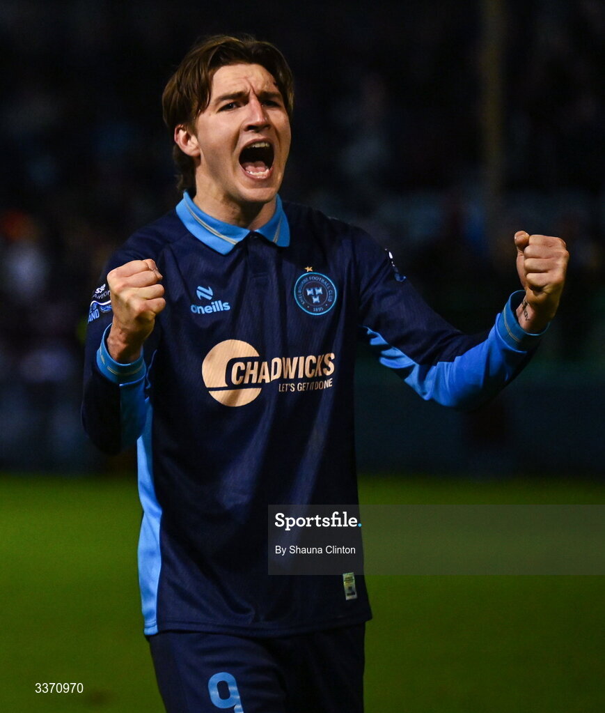 27 February 2026; Seán Boyd of Shelbourne celebrates after his side's victory in the SSE Airtricity Men's Premier Division match between Drogheda United and Shelbourne at Sullivan & Lambe Park in Drogheda, Louth. Photo by Shauna Clinton/Sportsfile