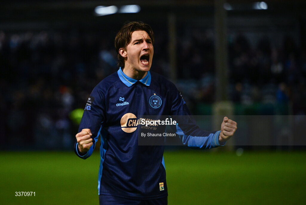 27 February 2026; Seán Boyd of Shelbourne celebrates after his side's victory in the SSE Airtricity Men's Premier Division match between Drogheda United and Shelbourne at Sullivan & Lambe Park in Drogheda, Louth. Photo by Shauna Clinton/Sportsfile