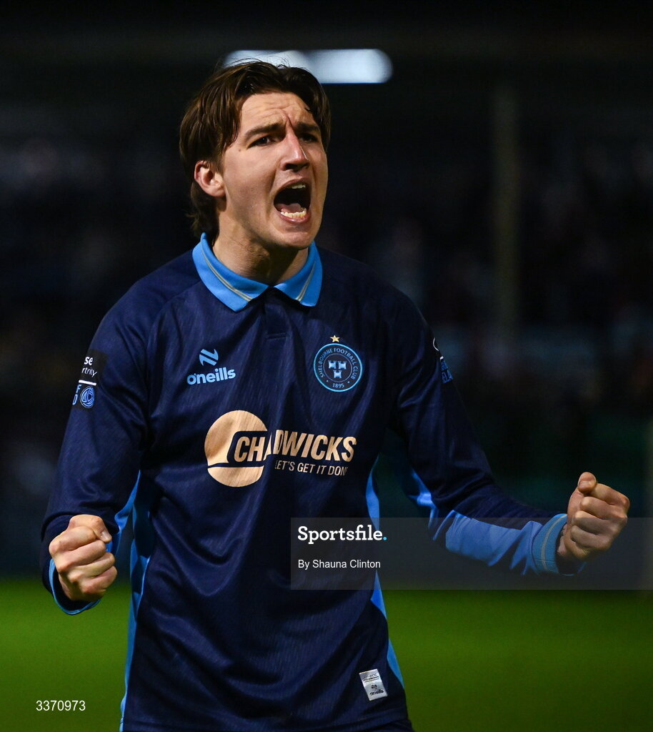 27 February 2026; Seán Boyd of Shelbourne celebrates after his side's victory in the SSE Airtricity Men's Premier Division match between Drogheda United and Shelbourne at Sullivan & Lambe Park in Drogheda, Louth. Photo by Shauna Clinton/Sportsfile