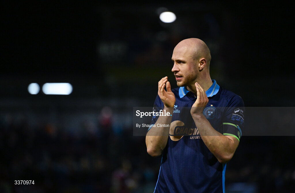 27 February 2026; Kerr McInroy of Shelbourne celebrates after his side's victory in the SSE Airtricity Men's Premier Division match between Drogheda United and Shelbourne at Sullivan & Lambe Park in Drogheda, Louth. Photo by Shauna Clinton/Sportsfile