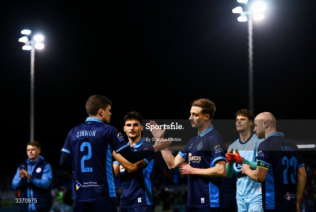 27 February 2026; Daniel Kelly of Shelbourne, right, and Sean Gannon celebrate after their side's victory in the SSE Airtricity Men's Premier Division match between Drogheda United and Shelbourne at Sullivan & Lambe Park in Drogheda, Louth. Photo by Shauna Clinton/Sportsfile