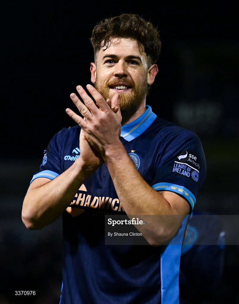 27 February 2026; Sam Bone of Shelbourne celebrates after his side's victory in the SSE Airtricity Men's Premier Division match between Drogheda United and Shelbourne at Sullivan & Lambe Park in Drogheda, Louth. Photo by Shauna Clinton/Sportsfile