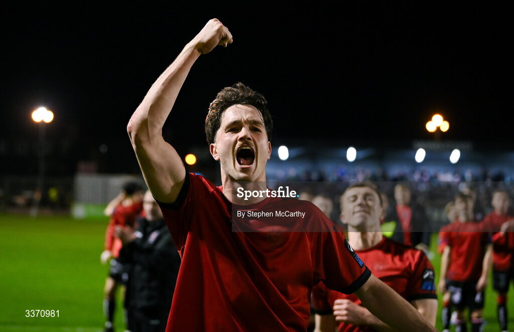 27 February 2026; Patrick Hickey of Bohemians celebrates after the SSE Airtricity Men's Premier Division match between Bohemians and Shamrock Rovers at Dalymount Park in Dublin. Photo by Stephen McCarthy/Sportsfile