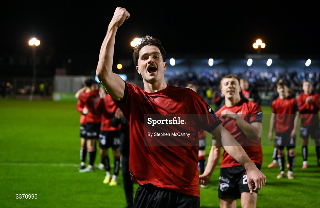 27 February 2026; Patrick Hickey of Bohemians celebrates after the SSE Airtricity Men's Premier Division match between Bohemians and Shamrock Rovers at Dalymount Park in Dublin. Photo by Stephen McCarthy/Sportsfile