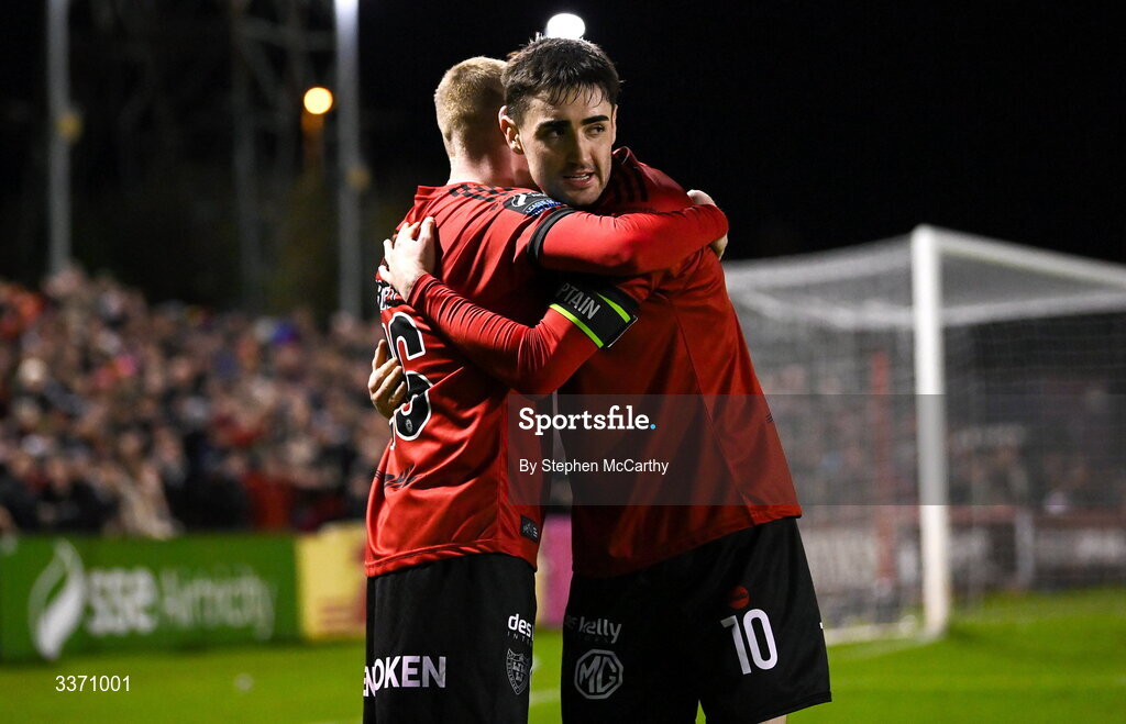 27 February 2026; Ross Tierney of Bohemians, left, celebrates with team-mate Dawson Devoy after scoring their side's third goal during the SSE Airtricity Men's Premier Division match between Bohemians and Shamrock Rovers at Dalymount Park in Dublin. Photo by Stephen McCarthy/Sportsfile