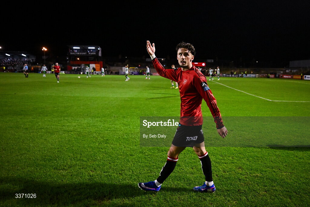 27 February 2026; Connor Parsons of Bohemians celebrates after scoring his side's first goal during the SSE Airtricity Men's Premier Division match between Bohemians and Shamrock Rovers at Dalymount Park in Dublin. Photo by Seb Daly/Sportsfile