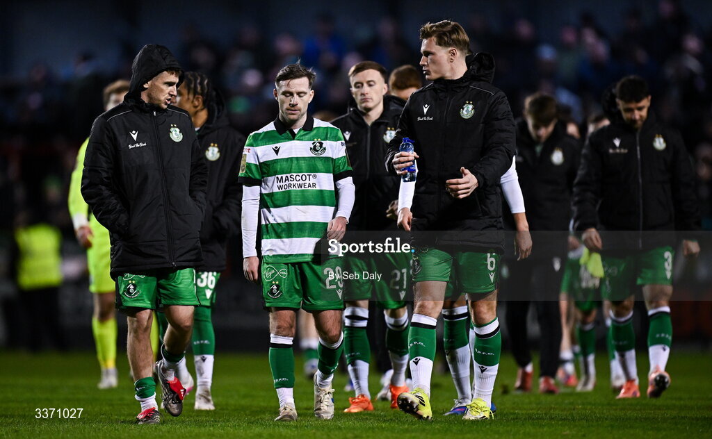 27 February 2026; Shamrock Rovers players, including, from left, Dylan Watts, Jack Byrne and Daniel Cleary after the SSE Airtricity Men's Premier Division match between Bohemians and Shamrock Rovers at Dalymount Park in Dublin. Photo by Seb Daly/Sportsfile