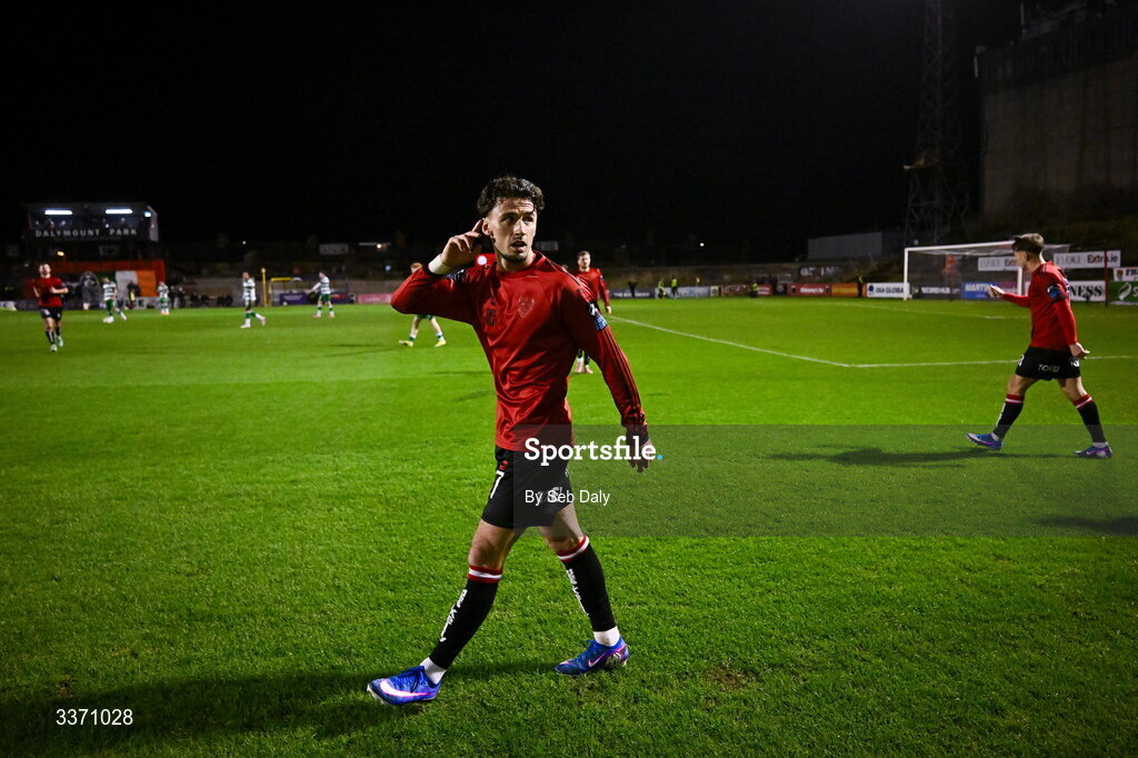 27 February 2026; Connor Parsons of Bohemians celebrates after scoring his side's first goal during the SSE Airtricity Men's Premier Division match between Bohemians and Shamrock Rovers at Dalymount Park in Dublin. Photo by Seb Daly/Sportsfile