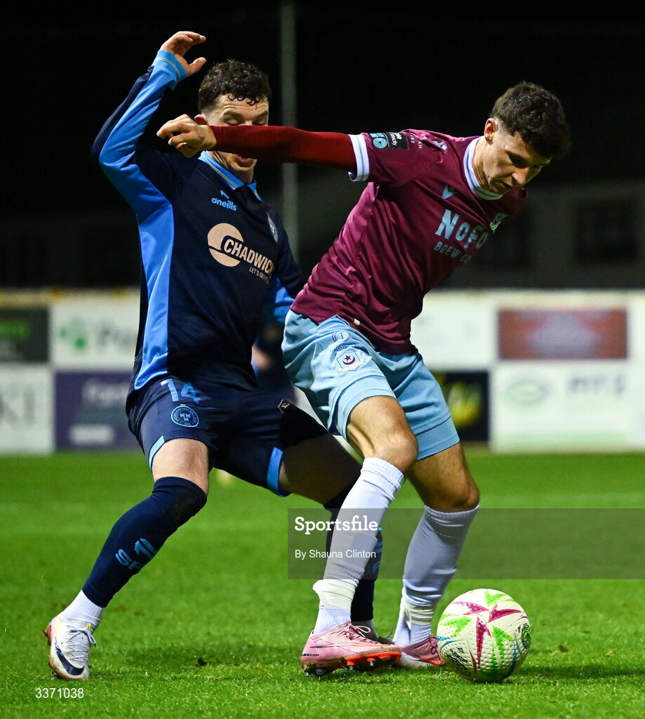 27 February 2026; Ethan O'Brien of Drogheda United in action against Ali Coote of Shelbourne during the SSE Airtricity Men's Premier Division match between Drogheda United and Shelbourne at Sullivan & Lambe Park in Drogheda, Louth. Photo by Shauna Clinton/Sportsfile
