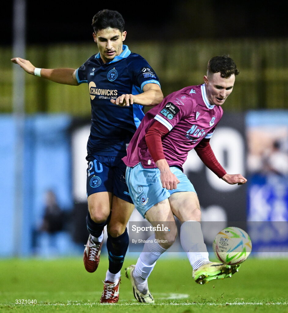 27 February 2026; Kieran Cruise of Drogheda United in action against Rodrigo Freitas of Shelbourne during the SSE Airtricity Men's Premier Division match between Drogheda United and Shelbourne at Sullivan & Lambe Park in Drogheda, Louth. Photo by Shauna Clinton/Sportsfile