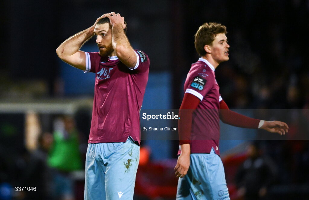 27 February 2026; Drogheda United players Jago Godden, right, and Conor Keely react during the SSE Airtricity Men's Premier Division match between Drogheda United and Shelbourne at Sullivan & Lambe Park in Drogheda, Louth. Photo by Shauna Clinton/Sportsfile